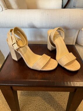 J. Crew Natural Tan Textured Block Heel Sandals NWOT